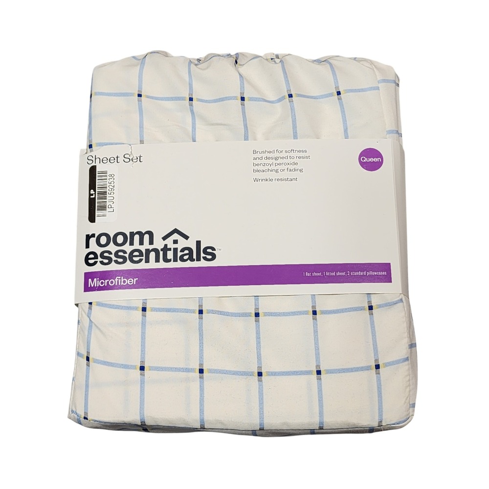 Room Essentials Queen Microfiber Sheet Set White Blue Yellow Windowpane Plaid